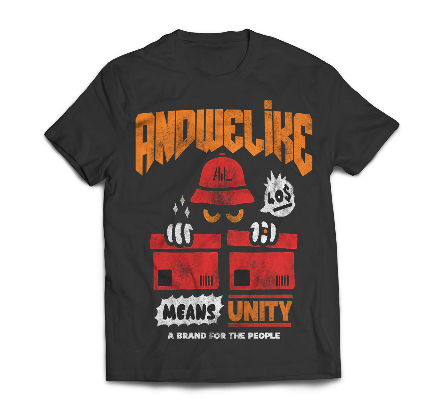 A black T-shirt with a graphic design. The design features a character with eyes peering from under a hat labeled "AWL." The text "ANDWELI'KE" is at the top, "MEANS UNITY" in the center, and "A BRAND FOR THE PEOPLE" at the bottom.