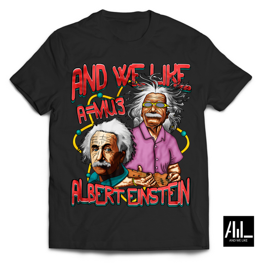 Front facing black Albert Einstein Graphic T-shirt! This tee showcases the iconic physicist's image, perfect for science enthusiasts and admirers of intellect. Wear it proudly and let your passion for knowledge shine.