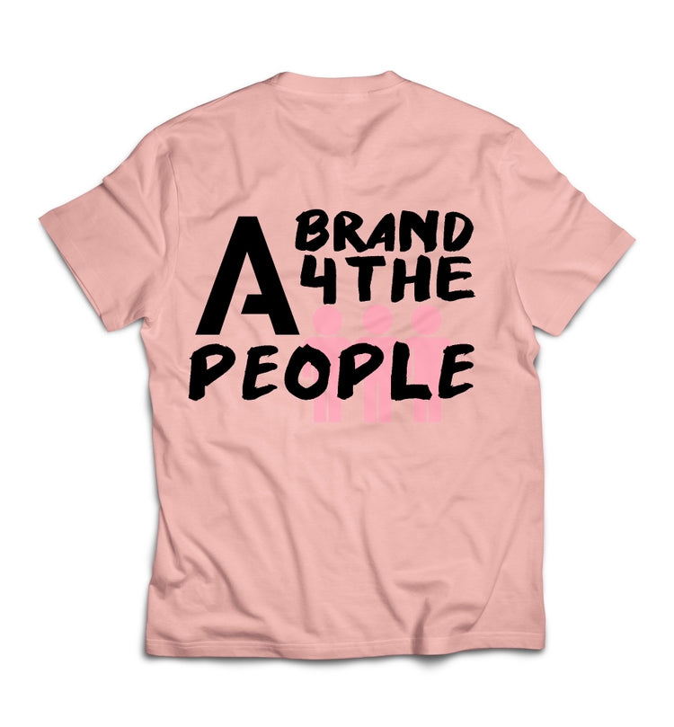 A light pink T-shirt with the text "A brand 4 the people" printed in bold black letters on the back.