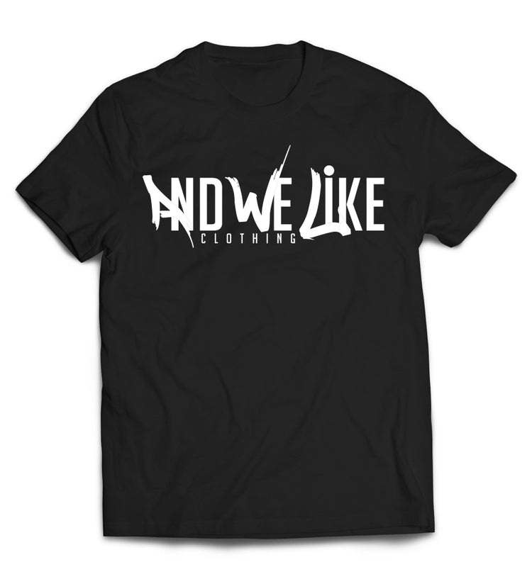 A black T-shirt with the text "AND WE LIKE CLOTHING" printed in white on the front. The letters "AND WE LIKE" are creatively designed while "CLOTHING" is in a straightforward font below.