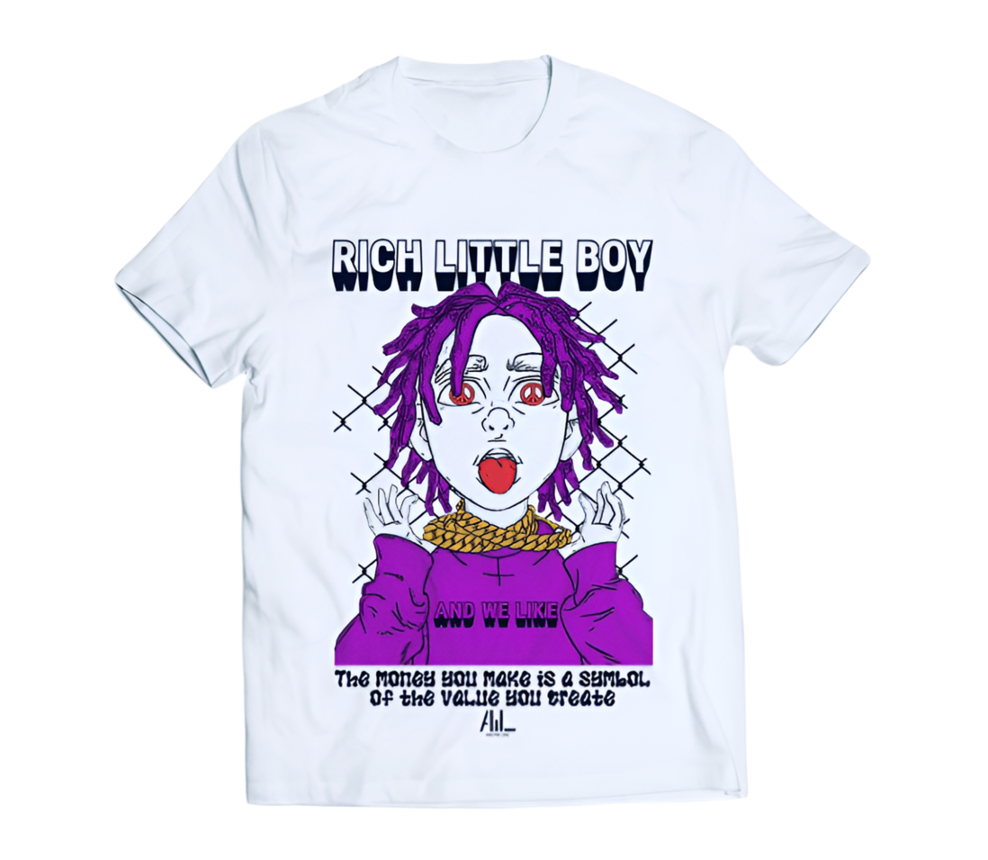 A white t-shirt with a graphic of a character with purple dreadlocks, yellow chain, and red eyes, holding stacks of dollar bills. The text above says "RICH LITTLE BOY AND WE LIKE IT," and below says "The money you make is a symbol of the value you create.