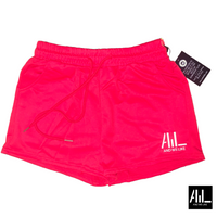 Front facing red And We Like Clothing mid-thigh booty shorts.  These shorts come with a handy drawstring for the perfect fit. 