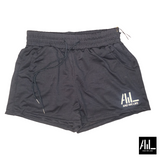 Front facing black And We Like Clothing mid-thigh booty shorts.  These shorts come with a handy drawstring for the perfect fit. 