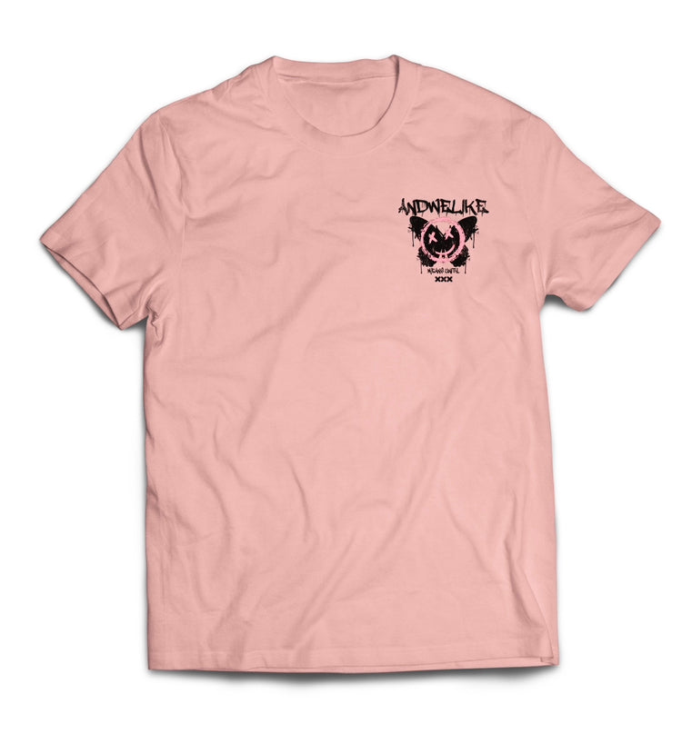 Light pink graphic t-shirt featuring a small black butterfly design and the text "ANDWELLAS" on the left chest area.