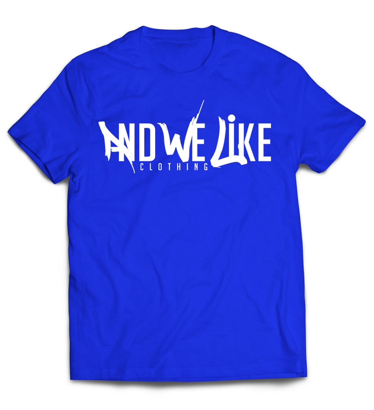 A blue T-shirt with the text "AND WE LIKE CLOTHING" printed in white on the front. The letters "AND WE LIKE" are creatively designed while "CLOTHING" is in a straightforward font below.