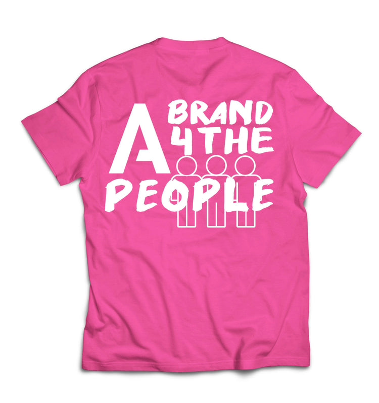 A pink t-shirt with the text "A BRAND 4 THE PEOPLE" printed in bold, white letters on the back. Below the text, there are three simplistic, white stick-figure icons representing people.