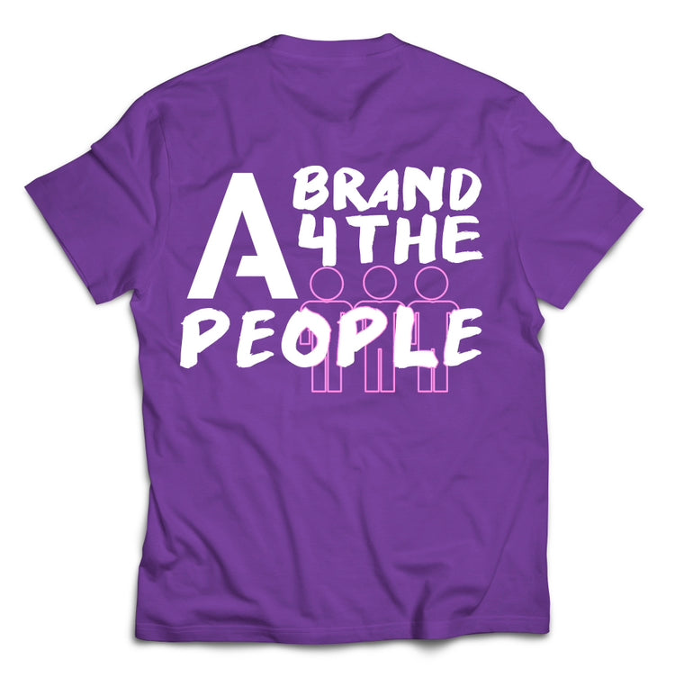 A purple t-shirt with the text "A BRAND 4 THE PEOPLE" printed in bold, white letters on the back. Below the text, there are three simplistic, pink stick-figure icons representing people.