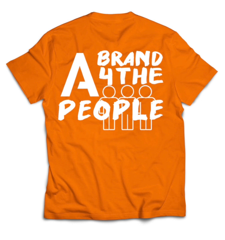 A orange t-shirt with the text "A BRAND 4 THE PEOPLE" printed in bold, white letters on the back. Below the text, there are three simplistic, white stick-figure icons representing people.