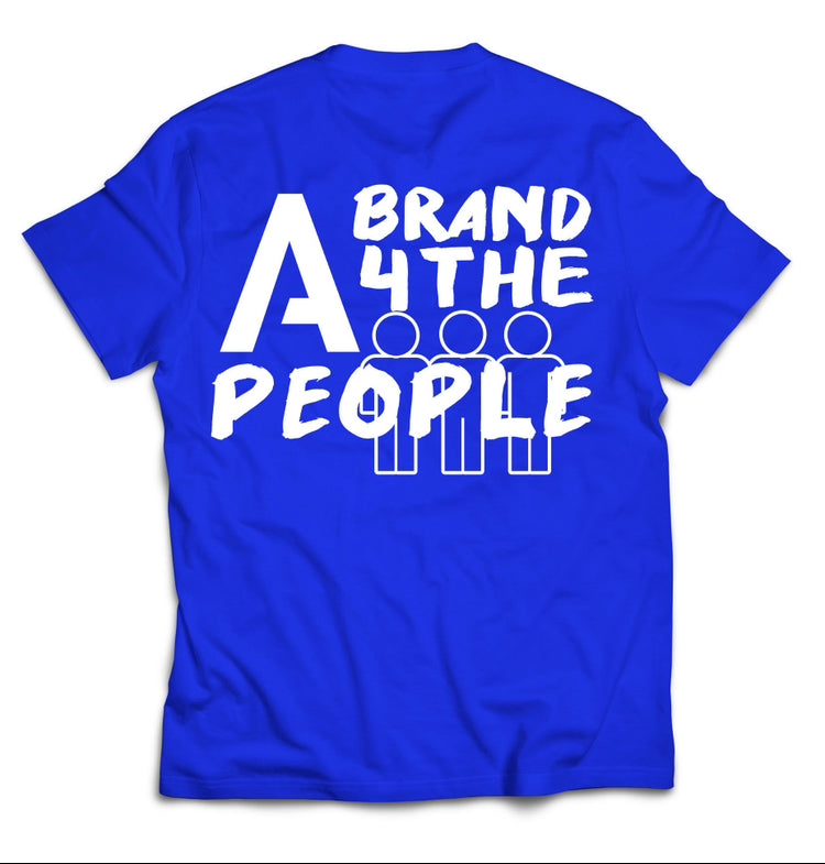 A blue t-shirt with the text "A BRAND 4 THE PEOPLE" printed in bold, white letters on the back. Below the text, there are three simplistic, white stick-figure icons representing people.