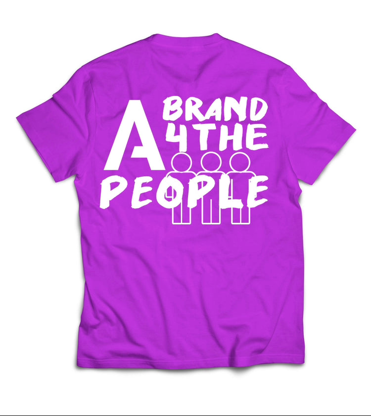 A purple t-shirt with the text "A BRAND 4 THE PEOPLE" printed in bold, white letters on the back. Below the text, there are three simplistic, white stick-figure icons representing people.