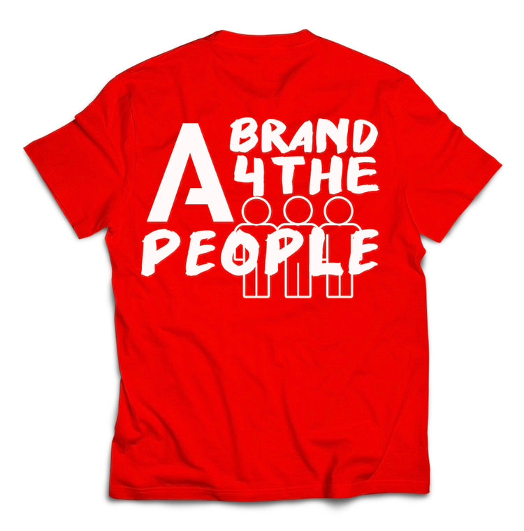 A red t-shirt with the text "A BRAND 4 THE PEOPLE" printed in bold, white letters on the back. Below the text, there are three simplistic, white stick-figure icons representing people.