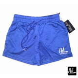 Front facing blue And We Like Clothing mid-thigh booty shorts.  These shorts come with a handy drawstring for the perfect fit. 