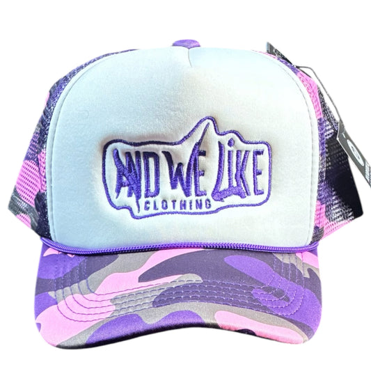 AWL x AB4TP SNAPBACK TRUCKER HAT PURPLE/PINK CAMO