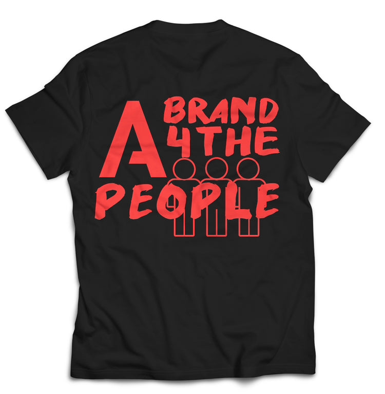 A black t-shirt with the text "A BRAND 4 THE PEOPLE" printed in bold, white letters on the back. Below the text, there are three simplistic, red stick-figure icons representing people.