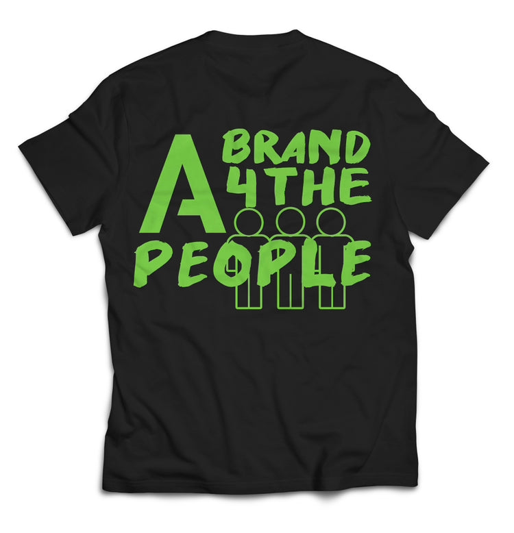 A black t-shirt with the text "A BRAND 4 THE PEOPLE" printed in bold, white letters on the back. Below the text, there are three simplistic, green stick-figure icons representing people.