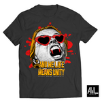 Front facing rockstar vampire black colored graphic t-shirt showcasing a suave vampire, featuring sharp fangs, crimson eyes, and a dark, alluring charm. Perfect for those who embrace the undead mystique.