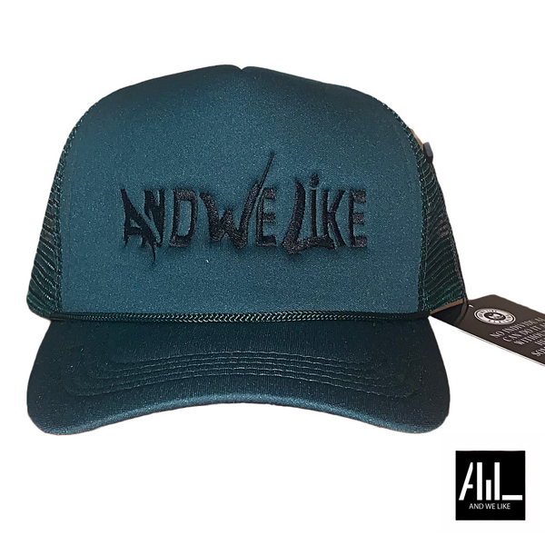 Front facing olive green and black  And We Like trucker hat is a classic blend of style and function. The adjustable snapback closure ensures it suits all head sizes. Ideal for a casual, sporty look with its timeless design.
