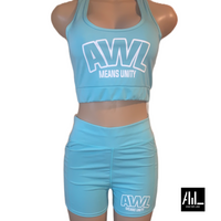 Front facing two-piece crop top set is a trendy ensemble consisting of a mint crop top and a matching bottom.