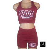 Front facing two-piece crop top set is a trendy ensemble consisting of a maroon crop top and a matching bottom.