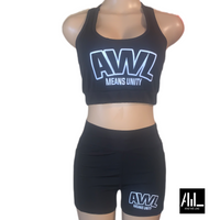 Front facing two-piece crop top set is a trendy ensemble consisting of a black crop top and a matching bottom.