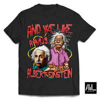 Front facing black Albert Einstein Graphic T-shirt! This tee showcases the iconic physicist's image, perfect for science enthusiasts and admirers of intellect. Wear it proudly and let your passion for knowledge shine. 
