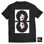 Front facing graphic t-shirt showcases a striking black girl with a stunning Afro, celebrating beauty, confidence, and cultural pride in one eye-catching design.